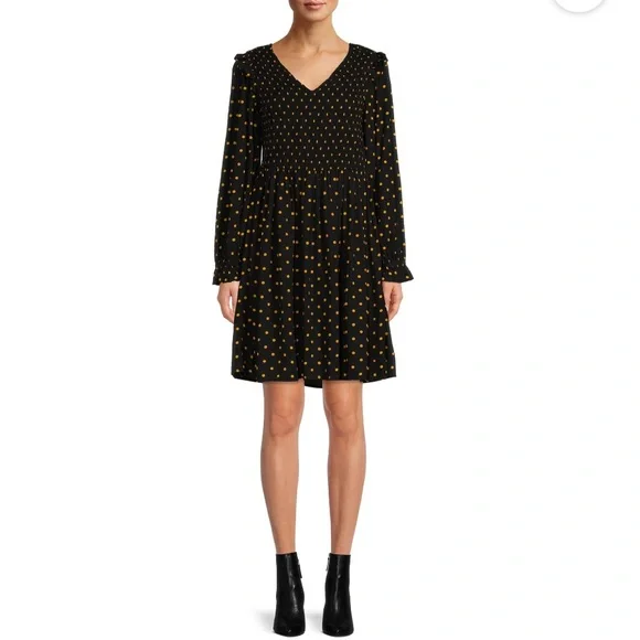 slim fit dress slacks Dina Women's Short Black Dress with Gold Polka Dots